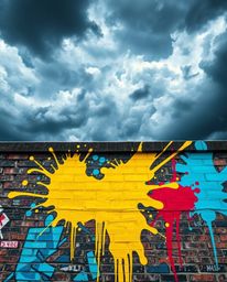 A vibrant image capturing intense dramatic weather with graffiti-style splashes on a brick wall, creating a street art aesthe