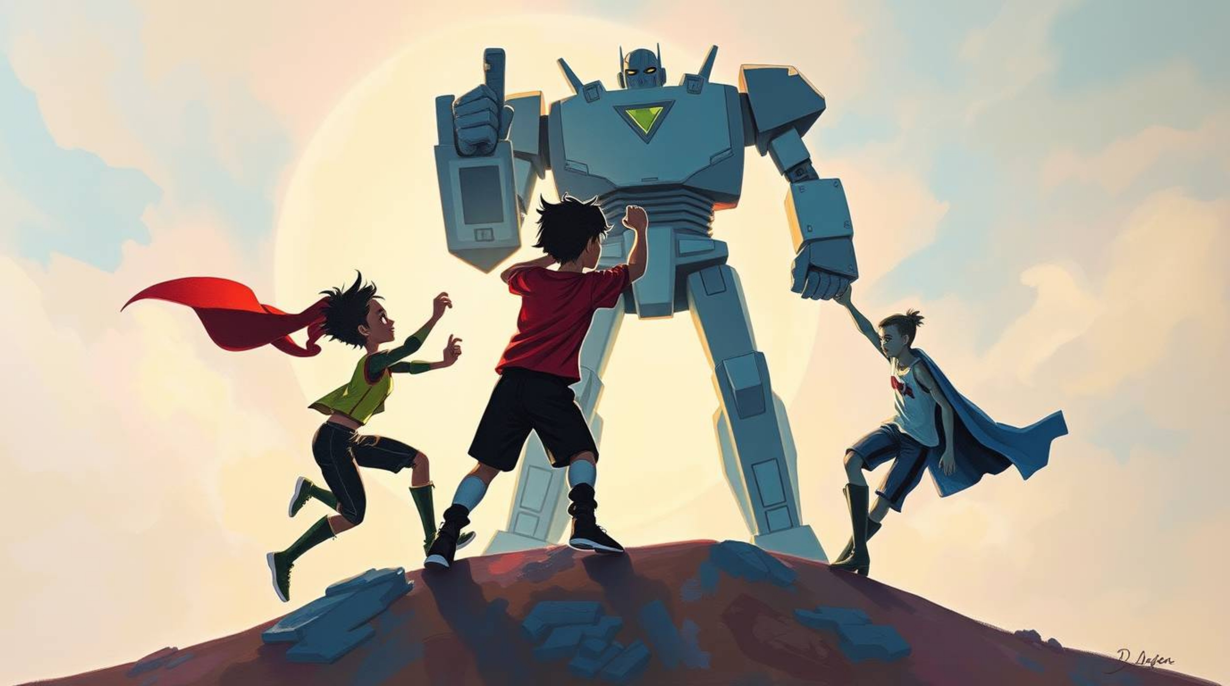 A bold acrylic painting depicting a trio of superpowered kids in an action-packed fight against a formidable robot.  Silhouet