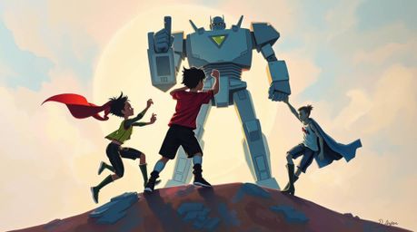 A bold acrylic painting depicting a trio of superpowered kids in an action-packed fight against a formidable robot.  Silhouet