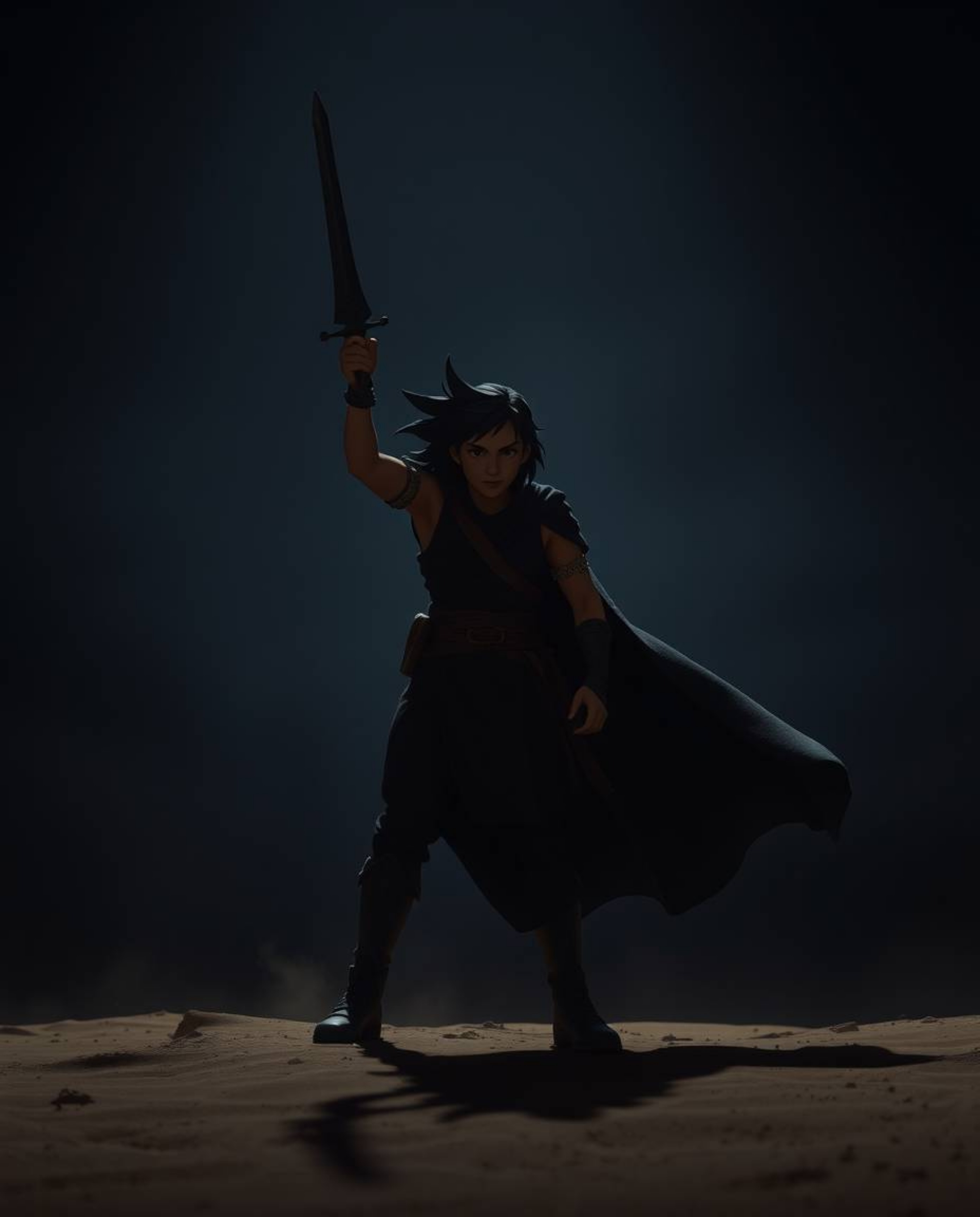 Experience a dramatic cinematic adventure featuring a brave Disney-style hero in a vast desert landscape. Intense jet black s