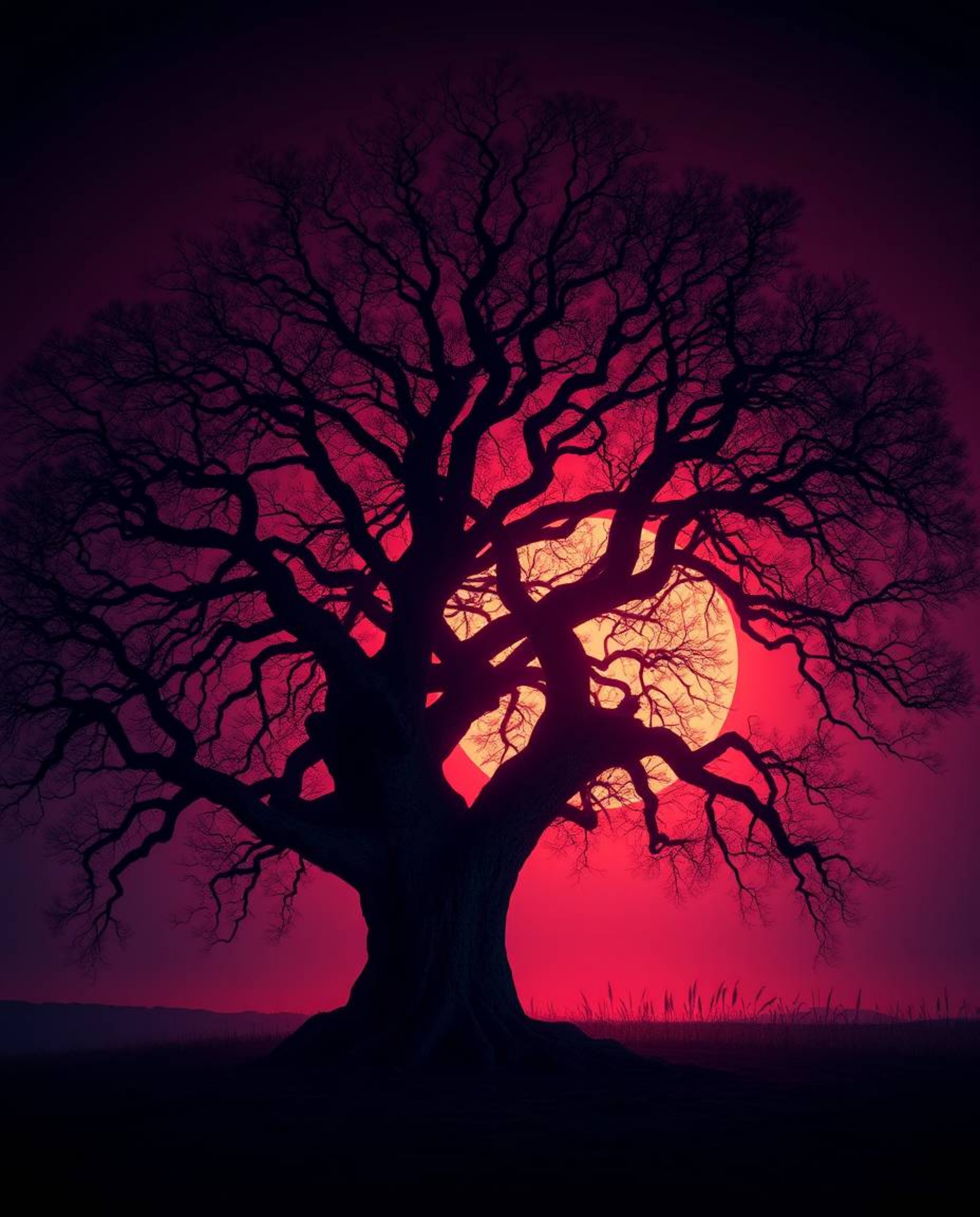 A creative light art piece depicting a sunset behind an old oak tree with twisted branches, using rich burgundy and deep blue