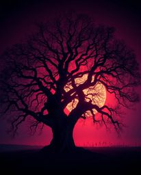 A creative light art piece depicting a sunset behind an old oak tree with twisted branches, using rich burgundy and deep blue