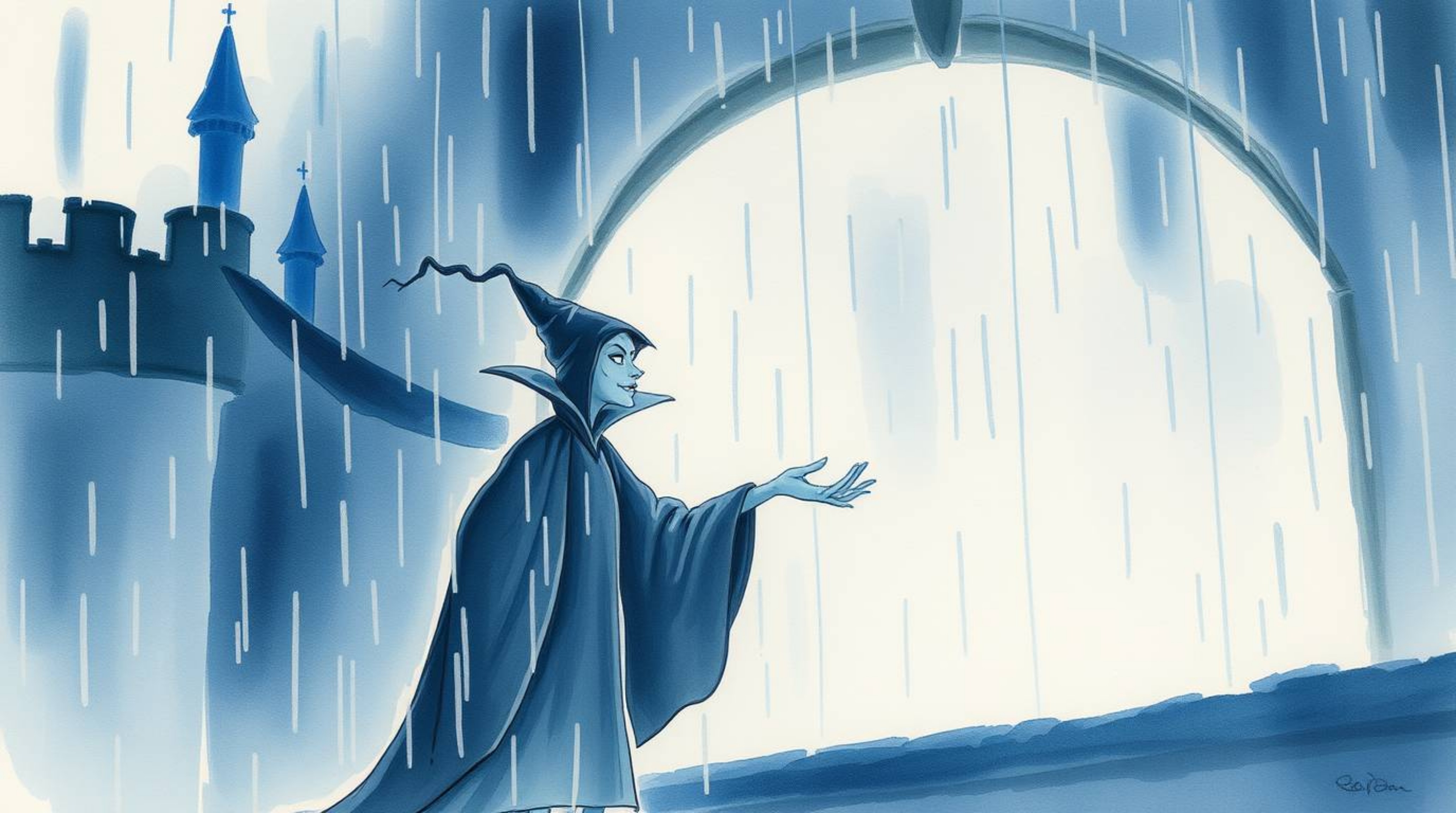 A captivating watercolor painting depicts a classic Disney villain casting a spell within a rain-soaked castle.  The artist m