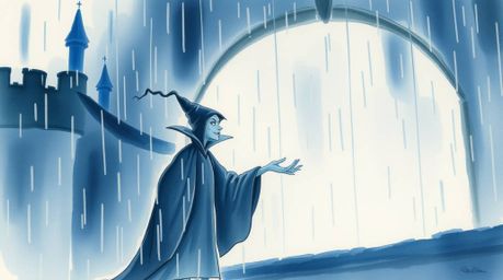 A captivating watercolor painting depicts a classic Disney villain casting a spell within a rain-soaked castle.  The artist m