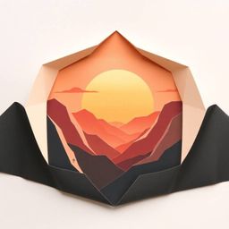 A stunning origami-style illustration captures the serene beauty of a sunset over a tranquil mountain valley. The artwork sho