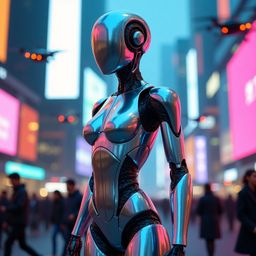 A chrome-clad humanoid robot stands tall in a vibrant, futuristic city, its reflective surface mirroring the neon lights and 