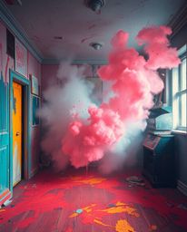 Explore a surreal and dynamic digital sketch of a room exploding with paint, rendered in otherworldly infrared tones. Experie