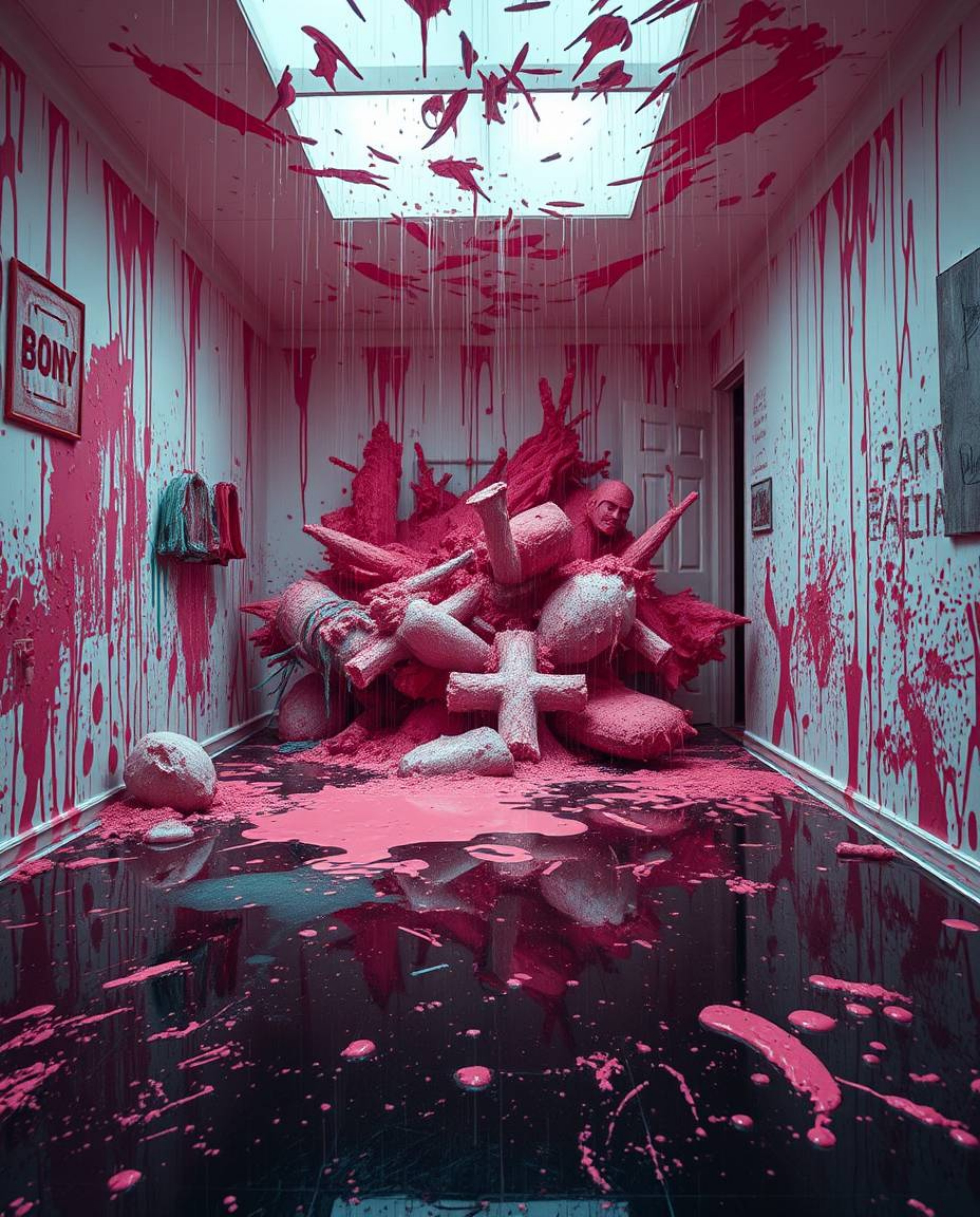 Immerse yourself in a surreal scene of a room exploding with vibrant paint, set against a backdrop of a wet and rainy environ