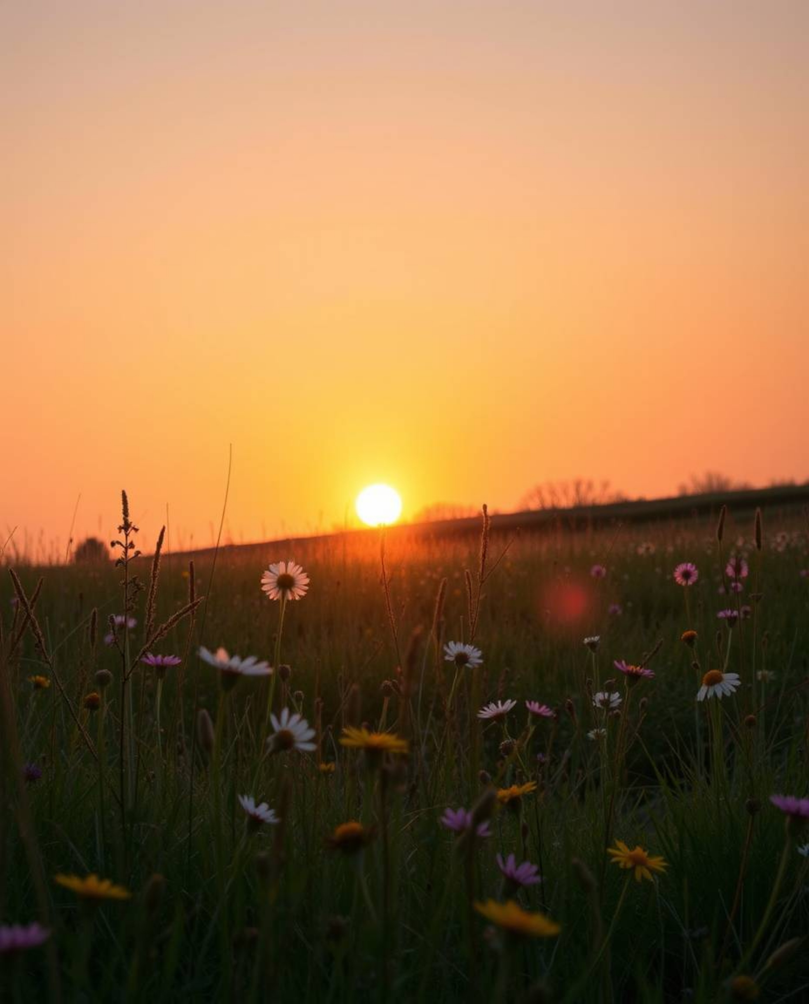 An adorable and cute depiction of a sunset over a spring wildflower meadow, captured with strong, hard light. This lighting t