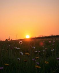 An adorable and cute depiction of a sunset over a spring wildflower meadow, captured with strong, hard light. This lighting t