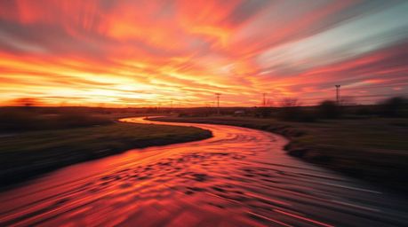 A captivating image showcasing a winding river bathed in the warm glow of a dramatic orange-pink sunset. The use of blurred l