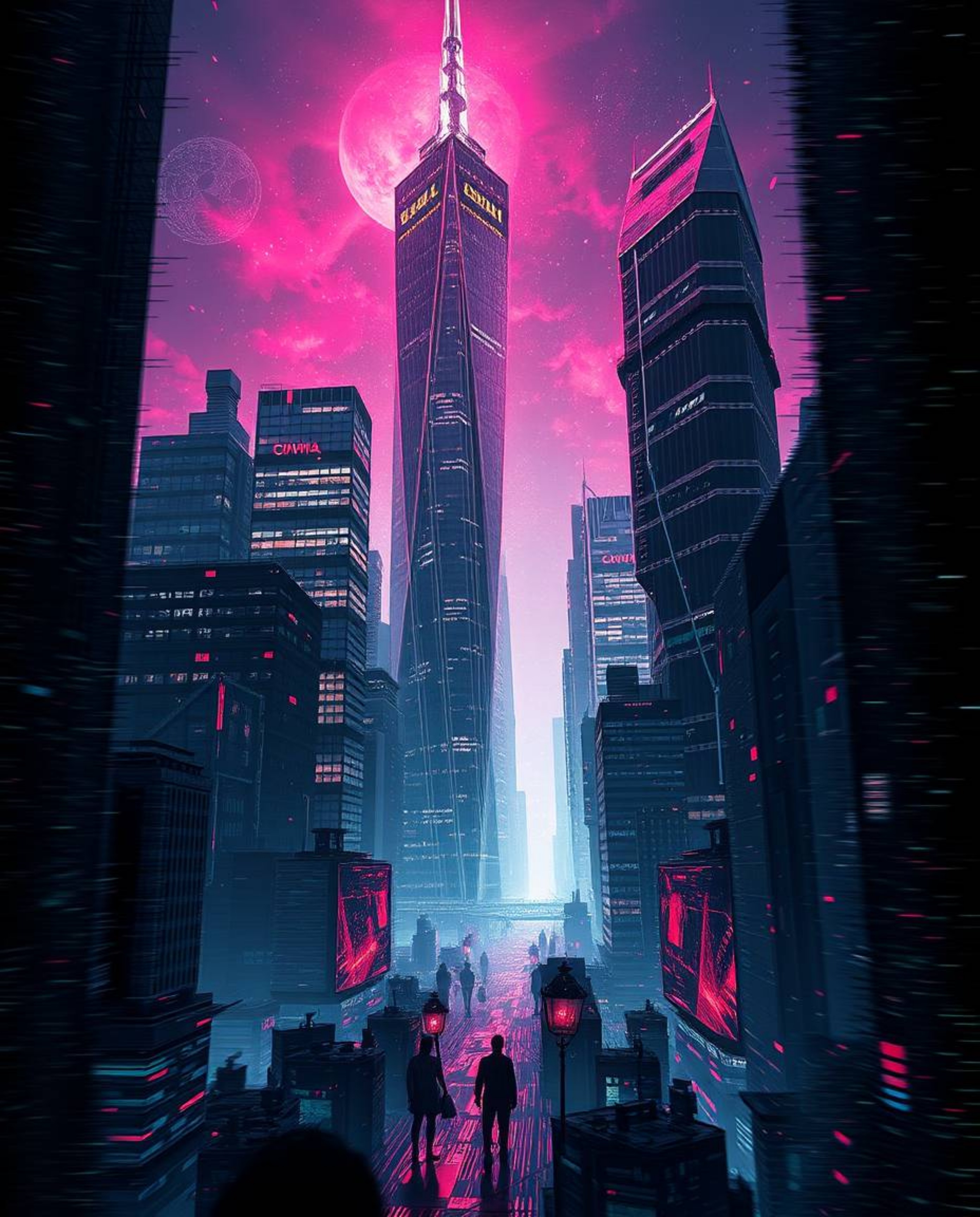 Explore a dreamlike, surreal, and glitchy digital landscape featuring distorted skyscrapers and static noise, illuminated wit