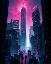 Explore a dreamlike, surreal, and glitchy digital landscape featuring distorted skyscrapers and static noise, illuminated wit