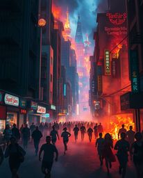 A city engulfed in flames depicts a scene of chaos and vibrant energy, with people running amidst the inferno. The artwork bl