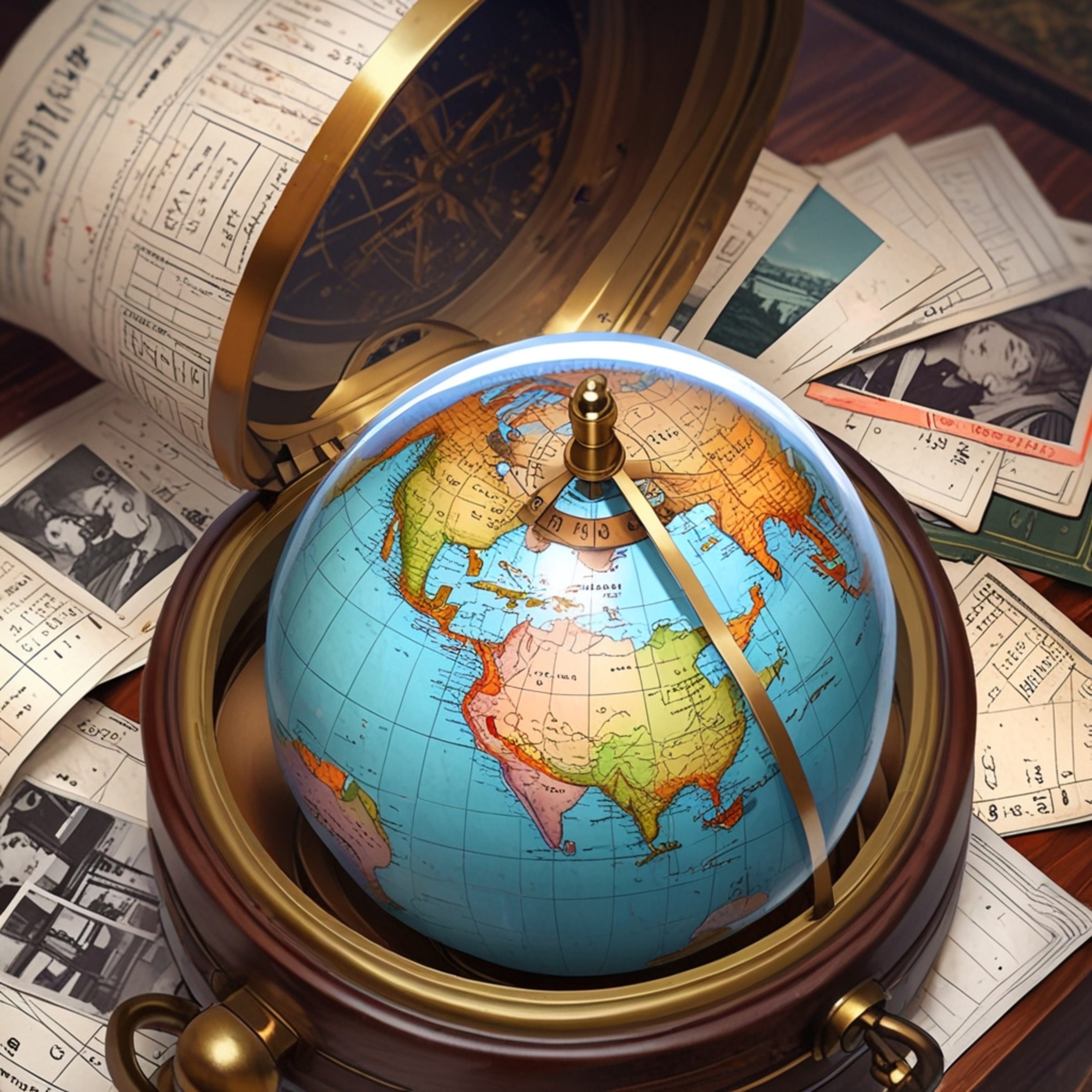 A captivating close-up captures a spinning globe surrounded by the nostalgic charm of old postcards and the adventurous spiri