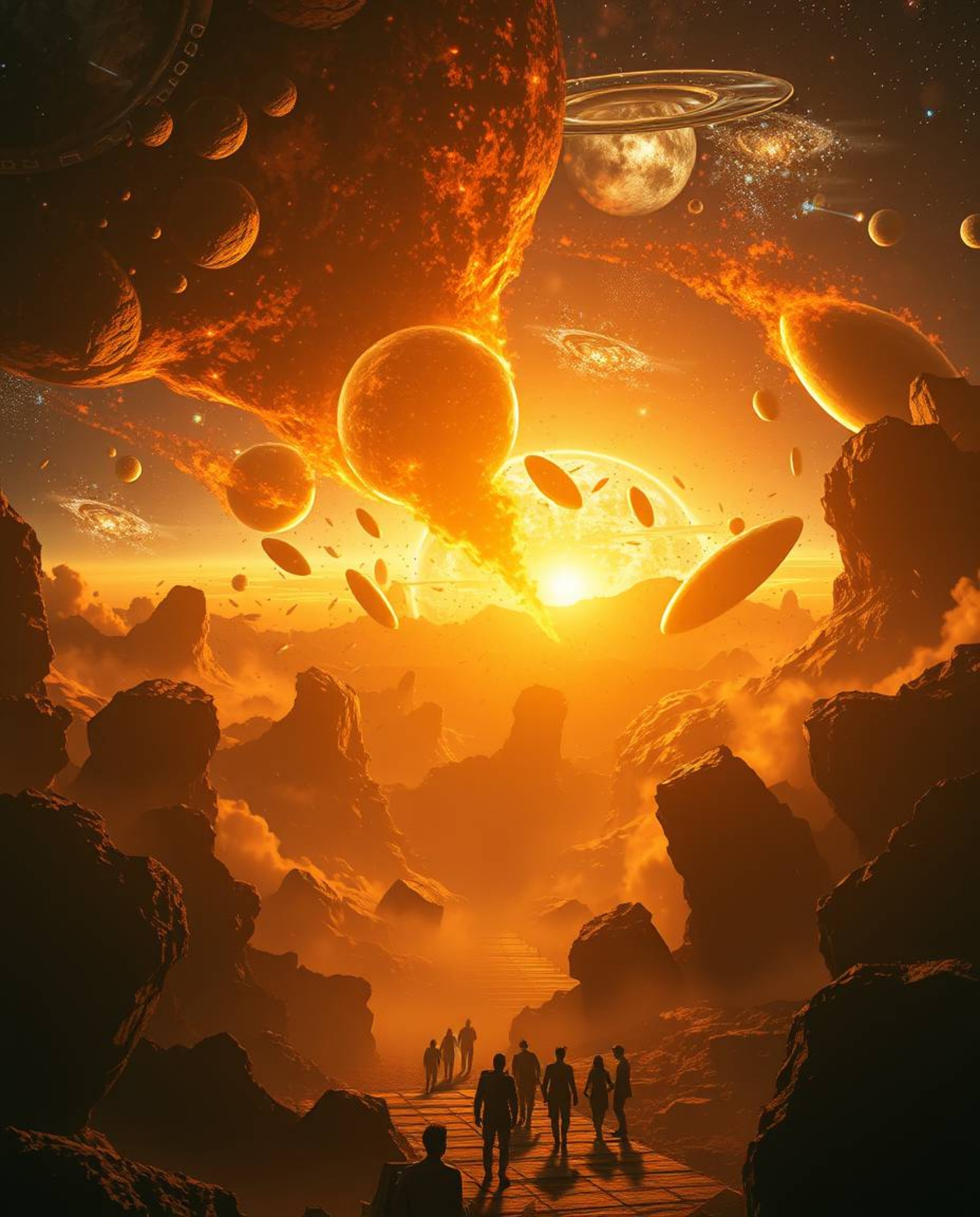 Experience a grand and epic scene of colliding galaxies exploding in the warm glow of golden hour light. This image captures 
