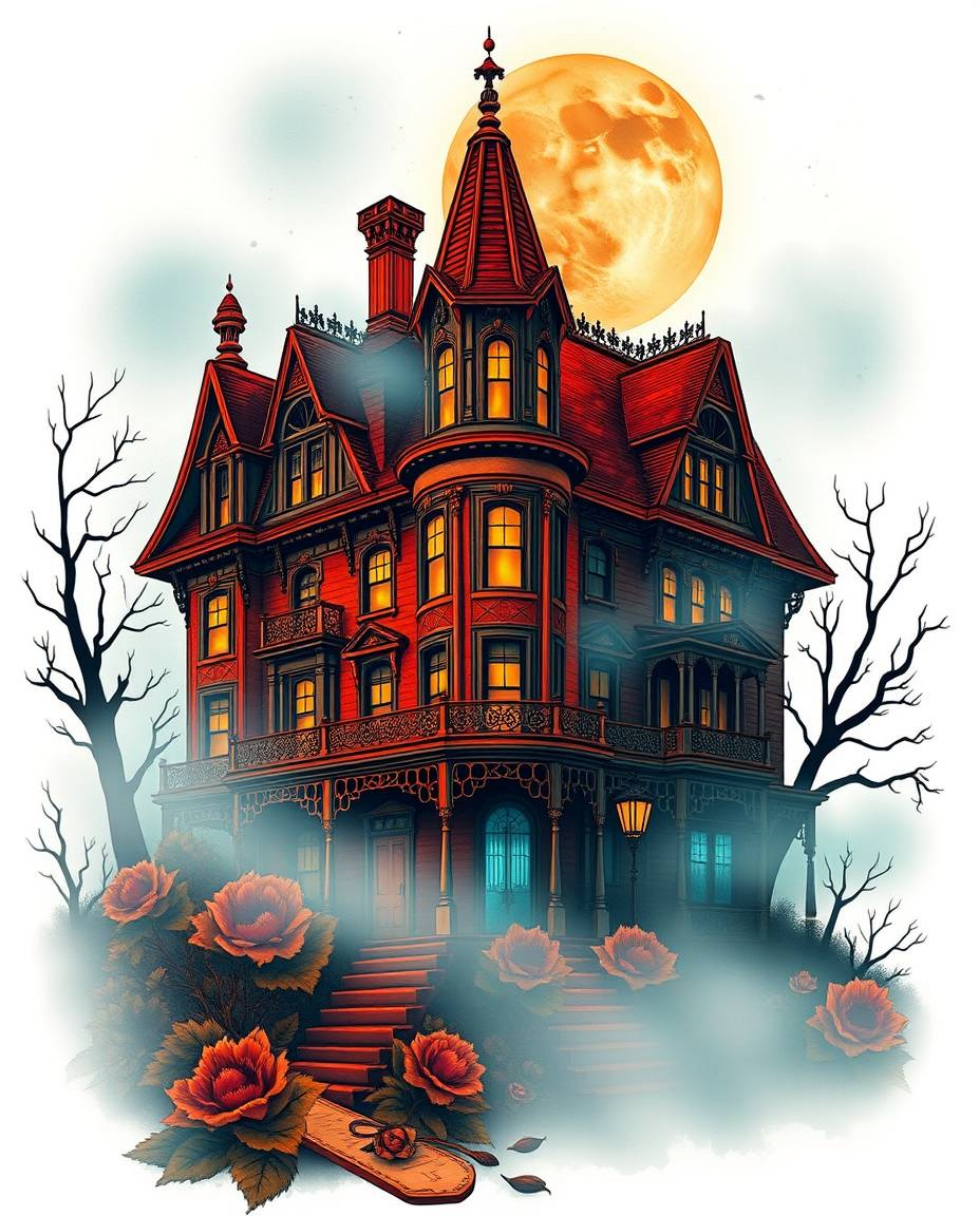This vibrant traditional tattoo art print showcases a fog-covered Victorian mansion under the enchanting glow of moonlight.