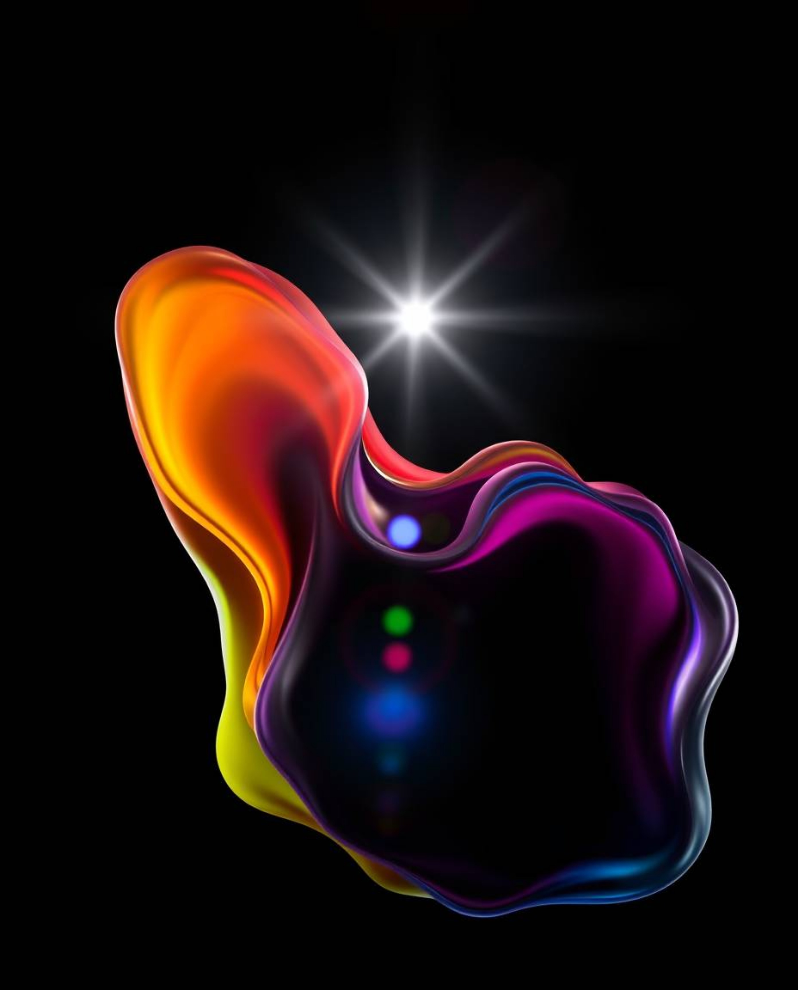 This image showcases a captivating abstract composition featuring a bright lens flare against a stark black background. Color