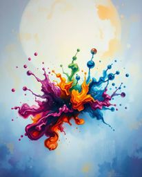 An ethereal oil painting captures the vibrant spectacle of ink swirling in water, creating mesmerizing splash shapes.  The ar