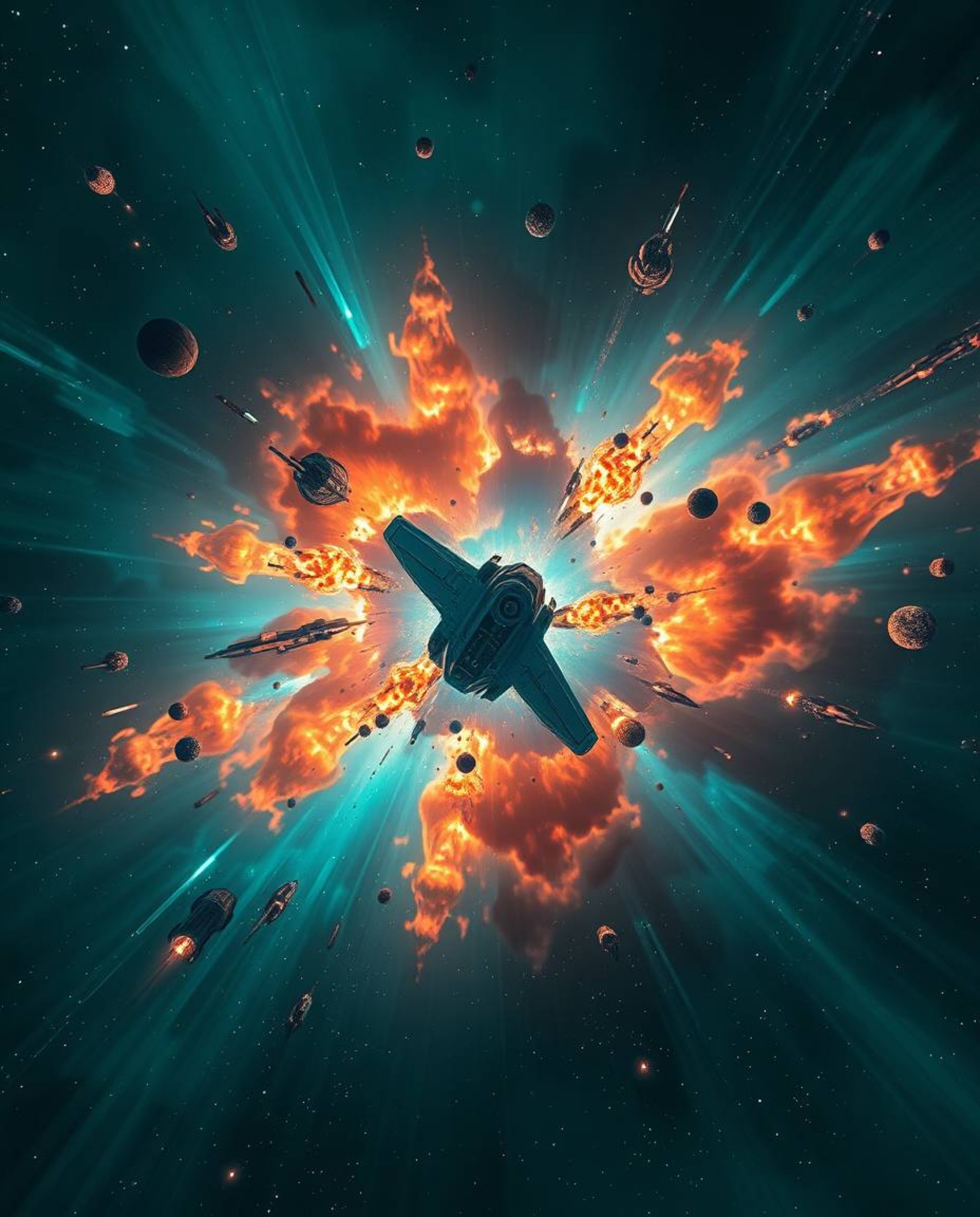 Witness a breathtaking overhead view of colliding galaxies exploding in a vibrant display of deep teal. This futuristic sci-f