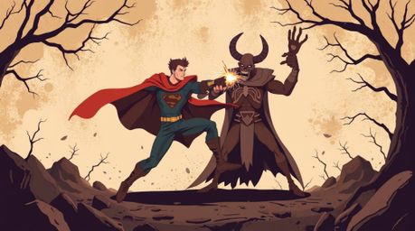 A modern flat design illustration depicts a superhero battling a comical villain in a scene steeped in an eerie atmosphere.  