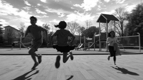 A dramatic slow-motion run through a playground, rendered in classic black and white Isekai anime style, is captured with tim