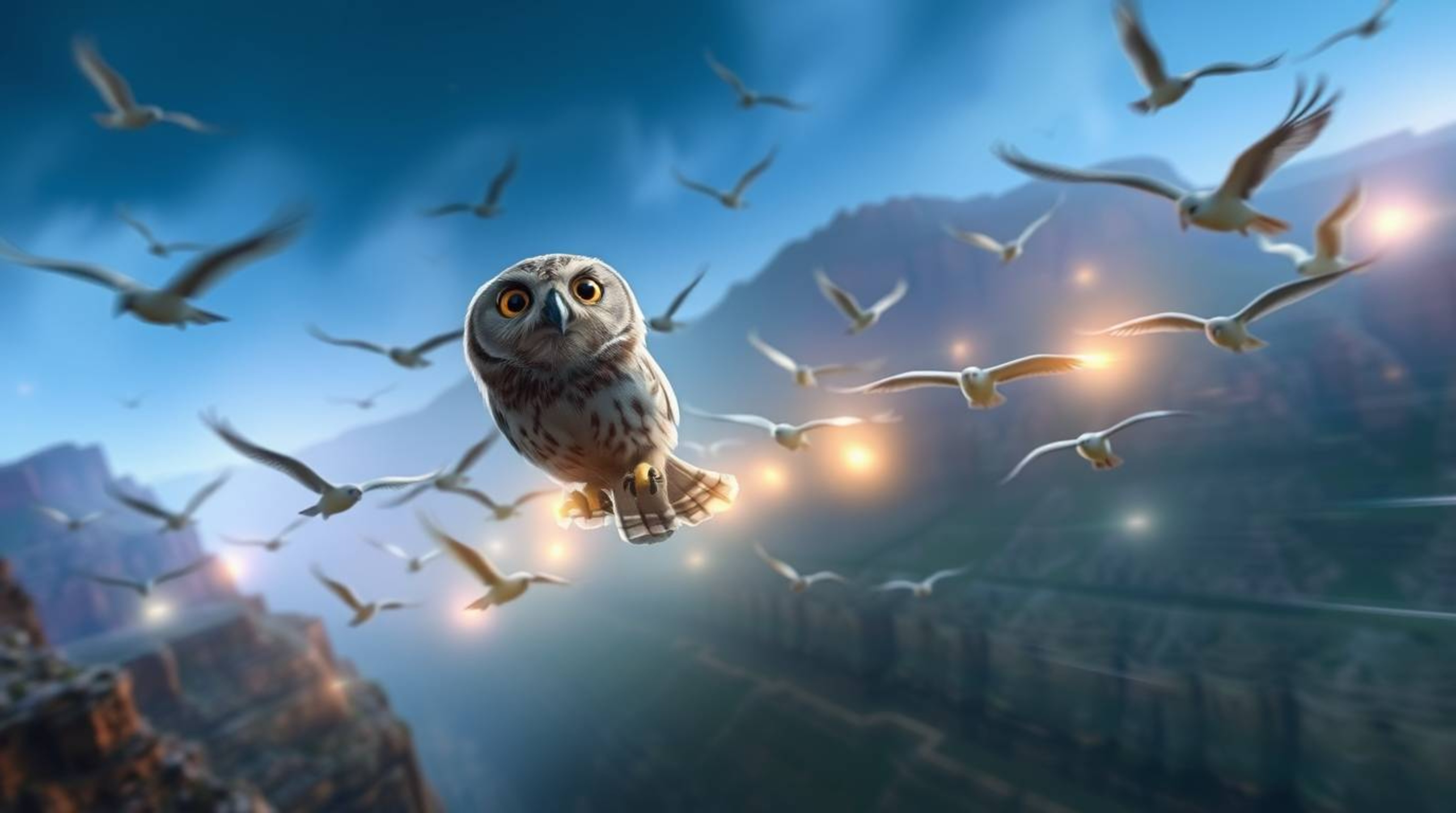 A captivating long-exposure image in the style of Pixar portrays a wise, blind owl guiding a flock of birds through a stunnin