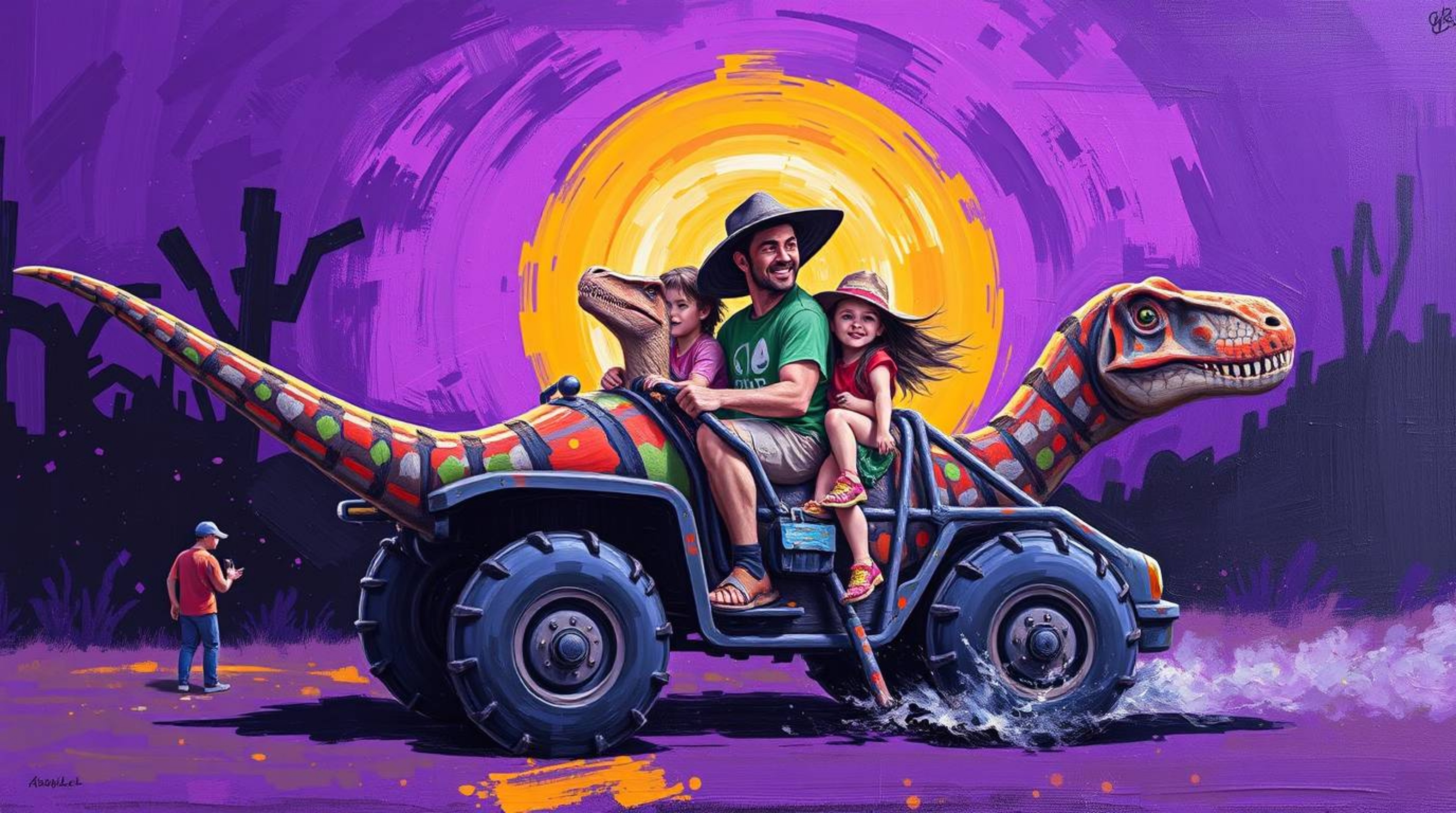A captivating acrylic painting depicts a prehistoric family joyfully riding in a dinosaur car, brought to life with textured