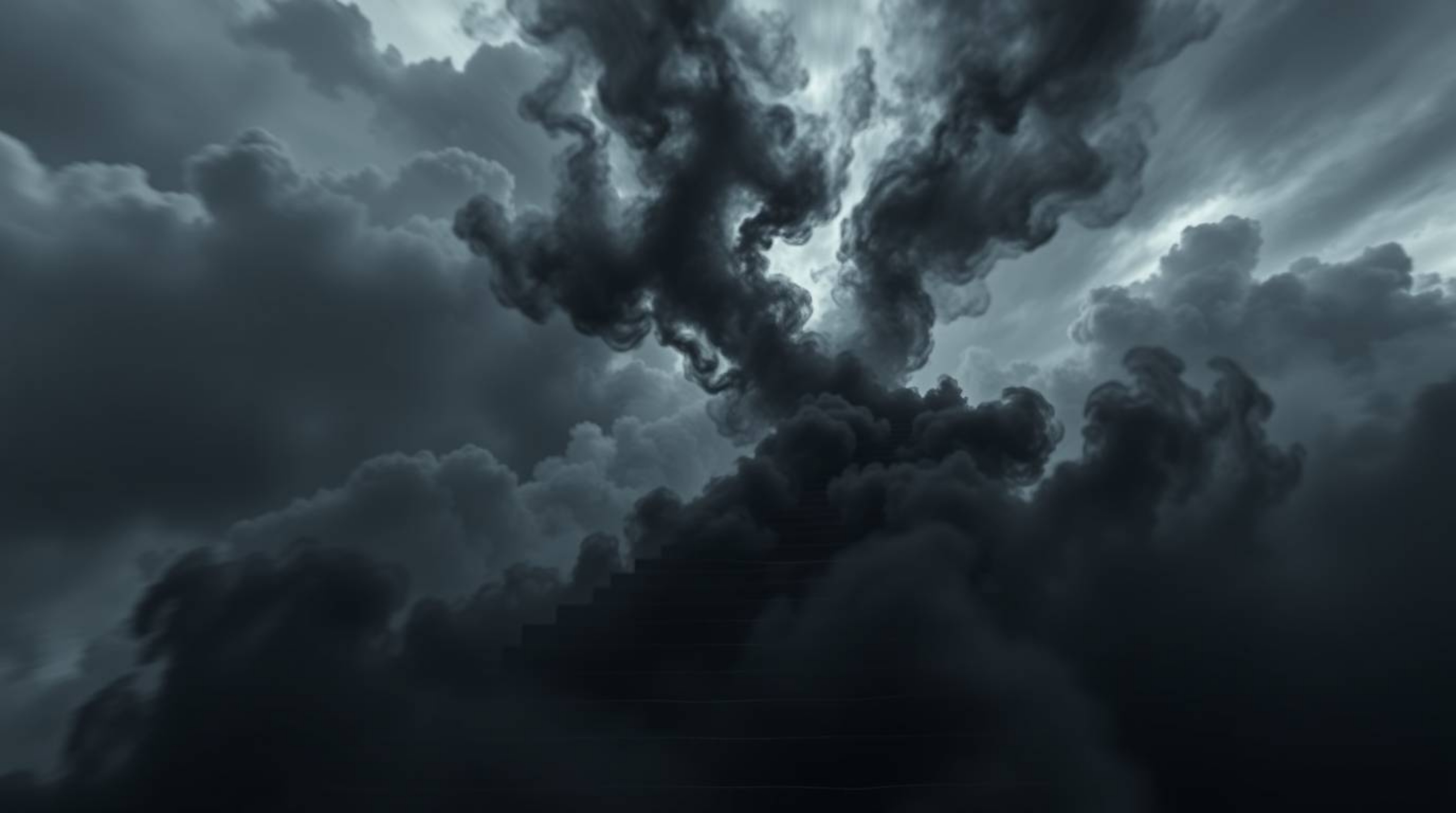 A dynamic, intense jet-black image depicts a winding stairway of smoke and light ascending into a vast, cloudy sky. This sur