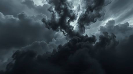 A dynamic, intense jet-black image depicts a winding stairway of smoke and light ascending into a vast, cloudy sky.  This sur
