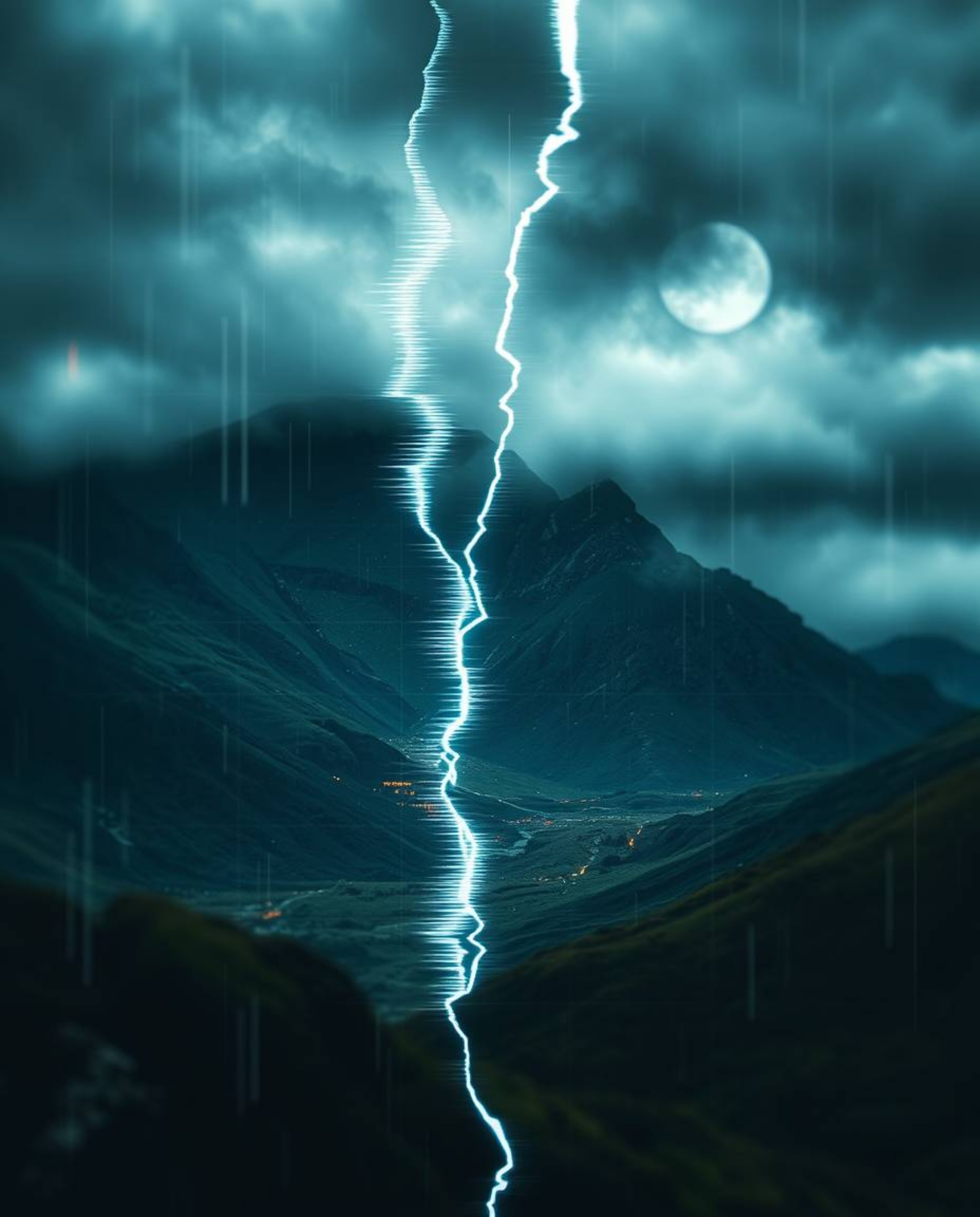 Experience a stormy digital glitch landscape, breaking apart in a dramatic close-up. This artwork explores the concept of 'Fl