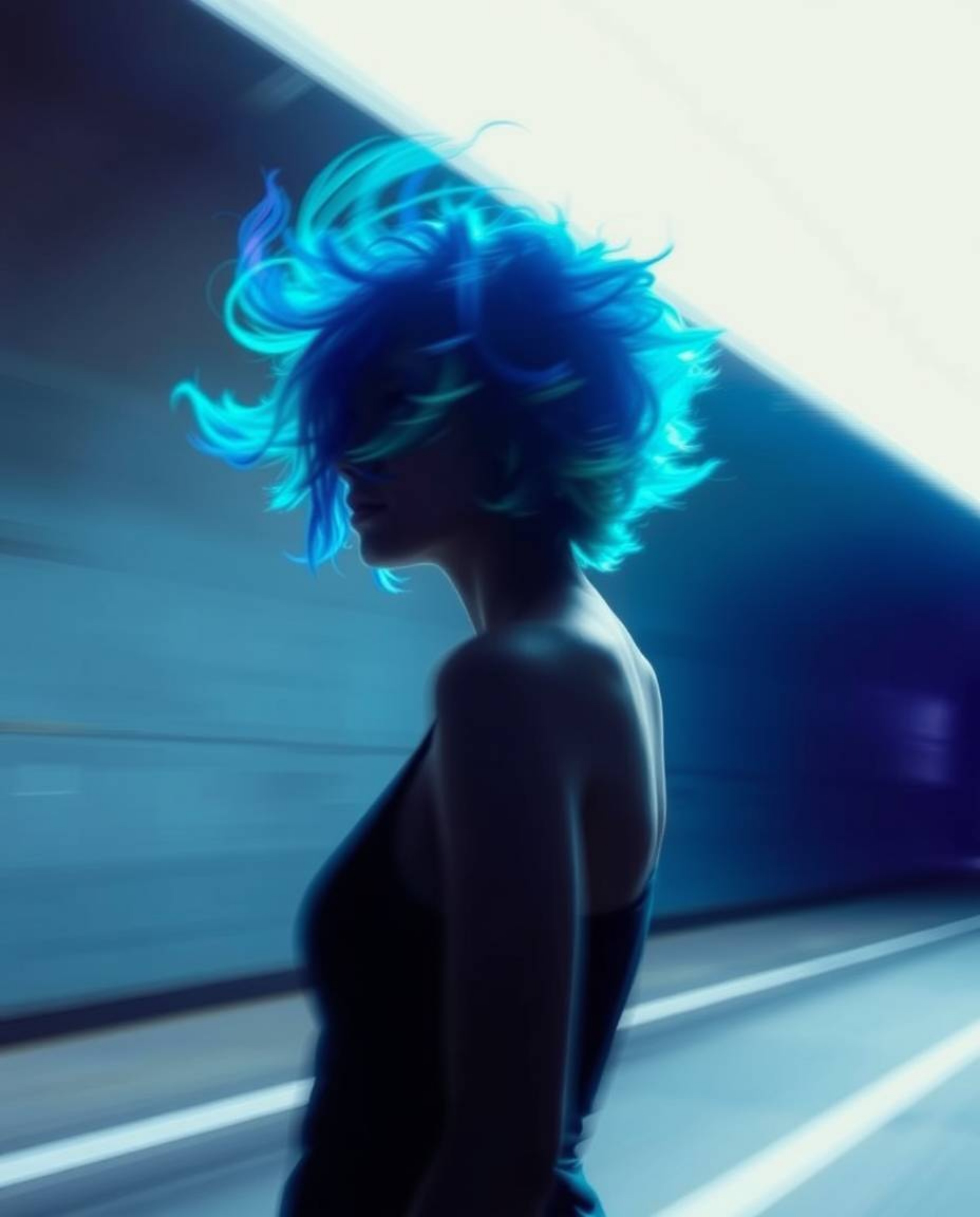 A person with vibrantly stylized hair stands silhouetted at the edge of a tunnel, facing a bright light. The image emphasizes