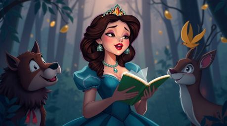 A refined princess with elegant posture, depicted in rich deep teal hues, sings joyfully with forest animals in a vintage 2D 