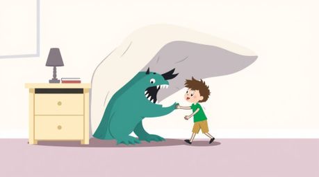 A heartwarming illustration depicts an unlikely friendship between a child and a monster hiding under their bed.  The vibrant