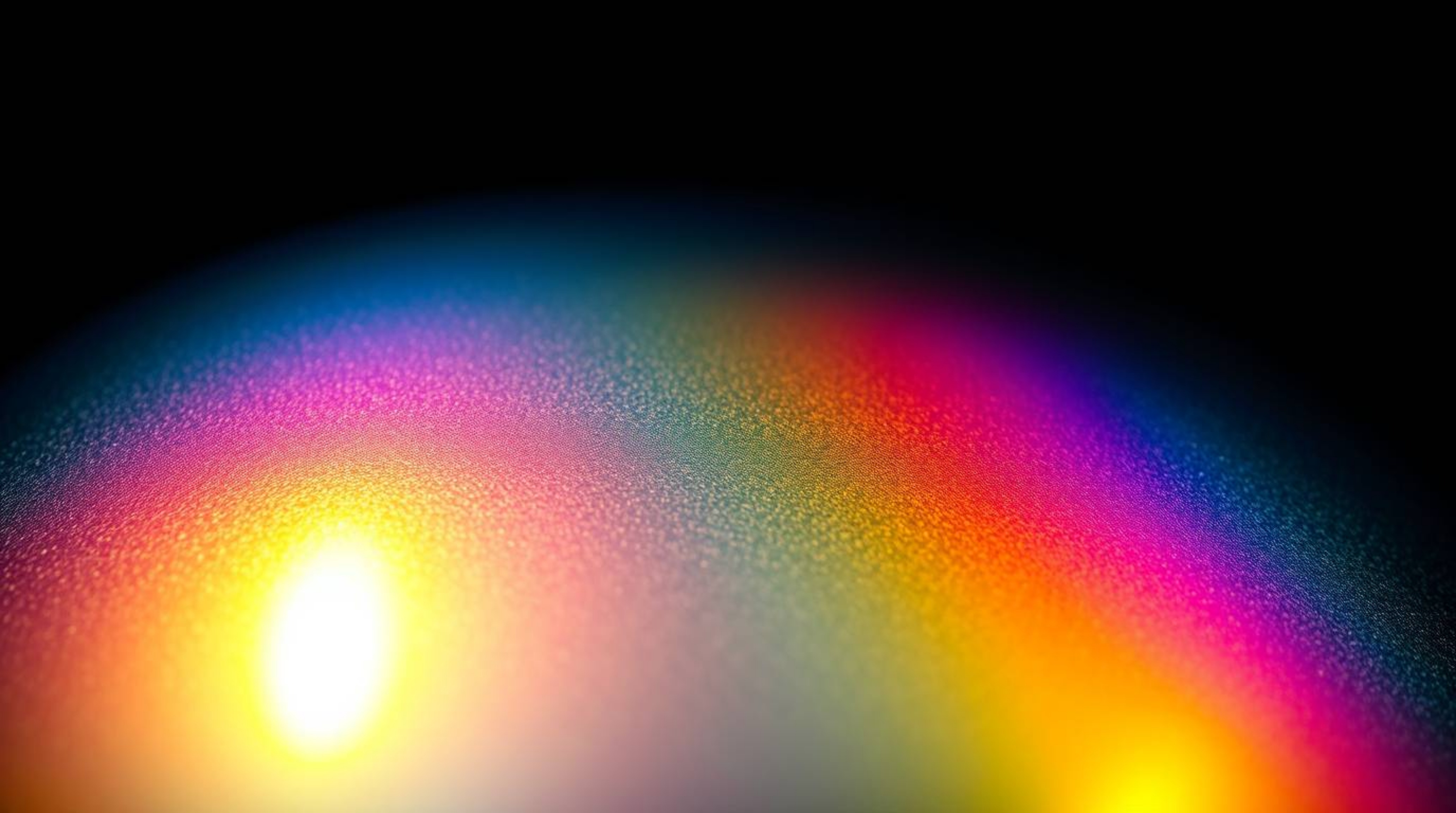 Intense dramatic lighting highlights an iridescent gradient texture on a metallic surface. Vibrant color shifts create high c