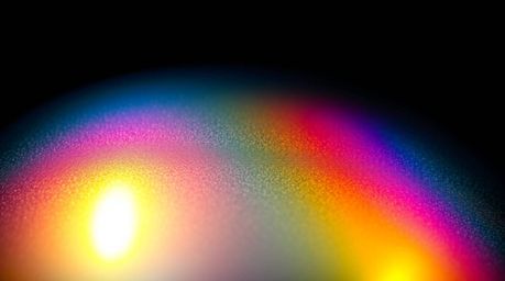 Intense dramatic lighting highlights an iridescent gradient texture on a metallic surface. Vibrant color shifts create high c