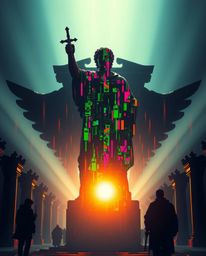 Witness an epic scene where classical sculpture meets the disruptive beauty of digital corruption. Vibrant glitch effects cas