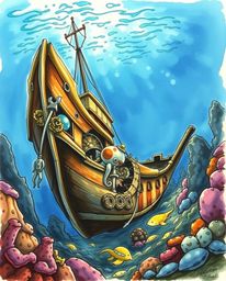 A gracefully drawn and elegant shipwreck is brought to life with vibrant colors in a sketchnote style, perfectly illuminated 