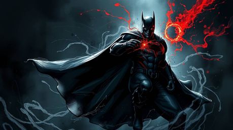 An artistic depiction of a superhero, cloaked in a cape, battling a comical villain.  The artwork is rendered in intense jet 