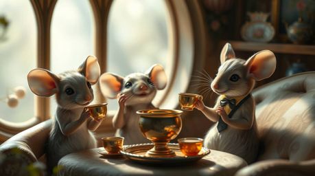 Imagine a scene of graceful and elegant anthropomorphic mice with refined features, enjoying a delightful tea party within th
