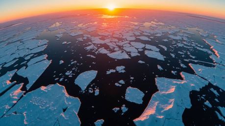 Experience the breathtaking beauty of a sunset casting warm, vibrant hues across icy polar glaciers from an overhead, bird's-
