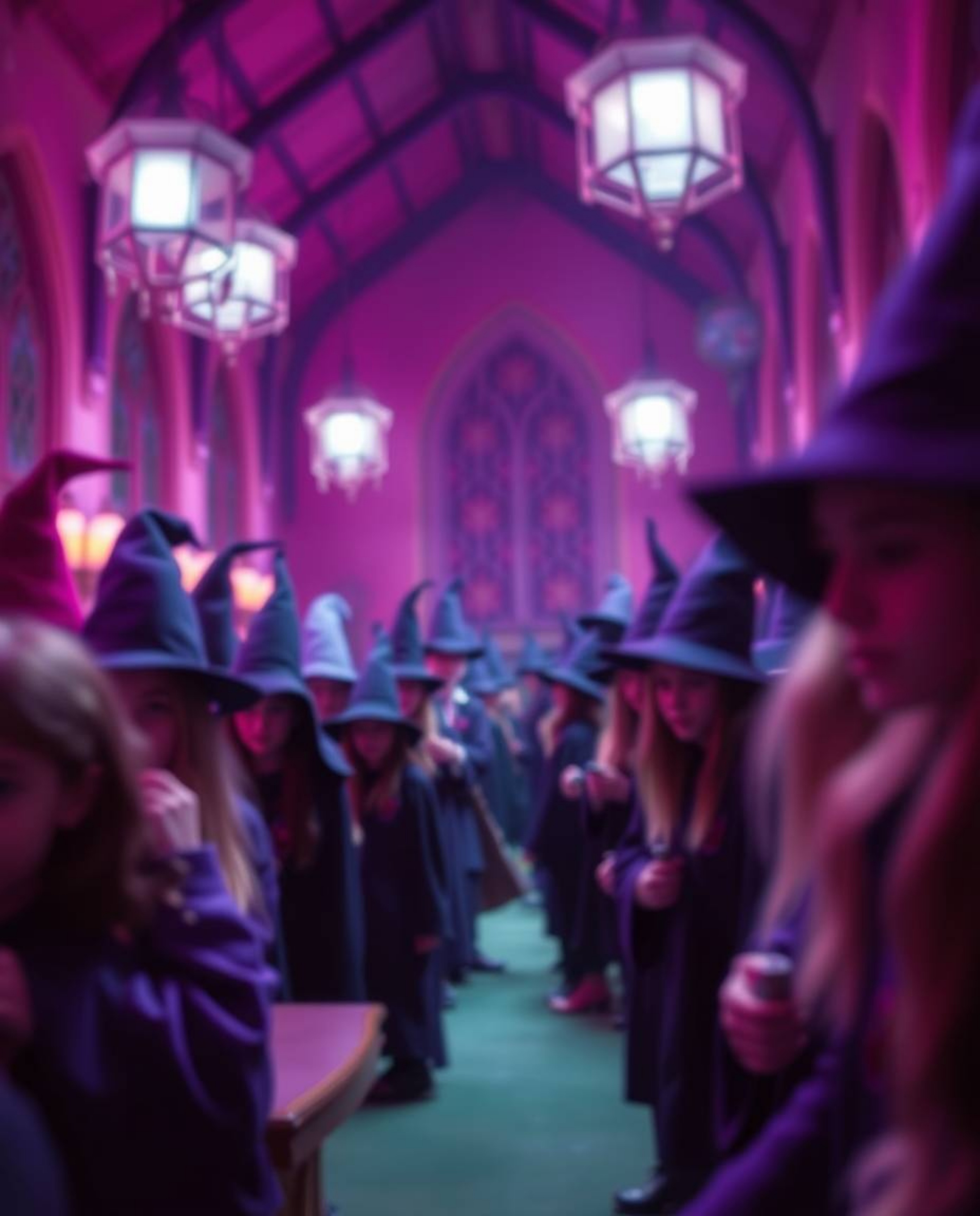 Explore a magical school brimming with young wizards, awash in deep ultraviolet hues and captivating blurred bokeh. This high
