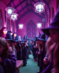 Explore a magical school brimming with young wizards, awash in deep ultraviolet hues and captivating blurred bokeh. This high