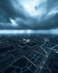 Capture the drama of an abstract city map formed by geometric shapes, viewed from above under an intensely dramatic sky. This