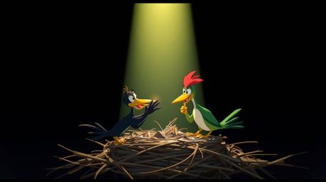 Experience the intense drama of two cartoon birds meticulously constructing their nest in a classic animation style. The high