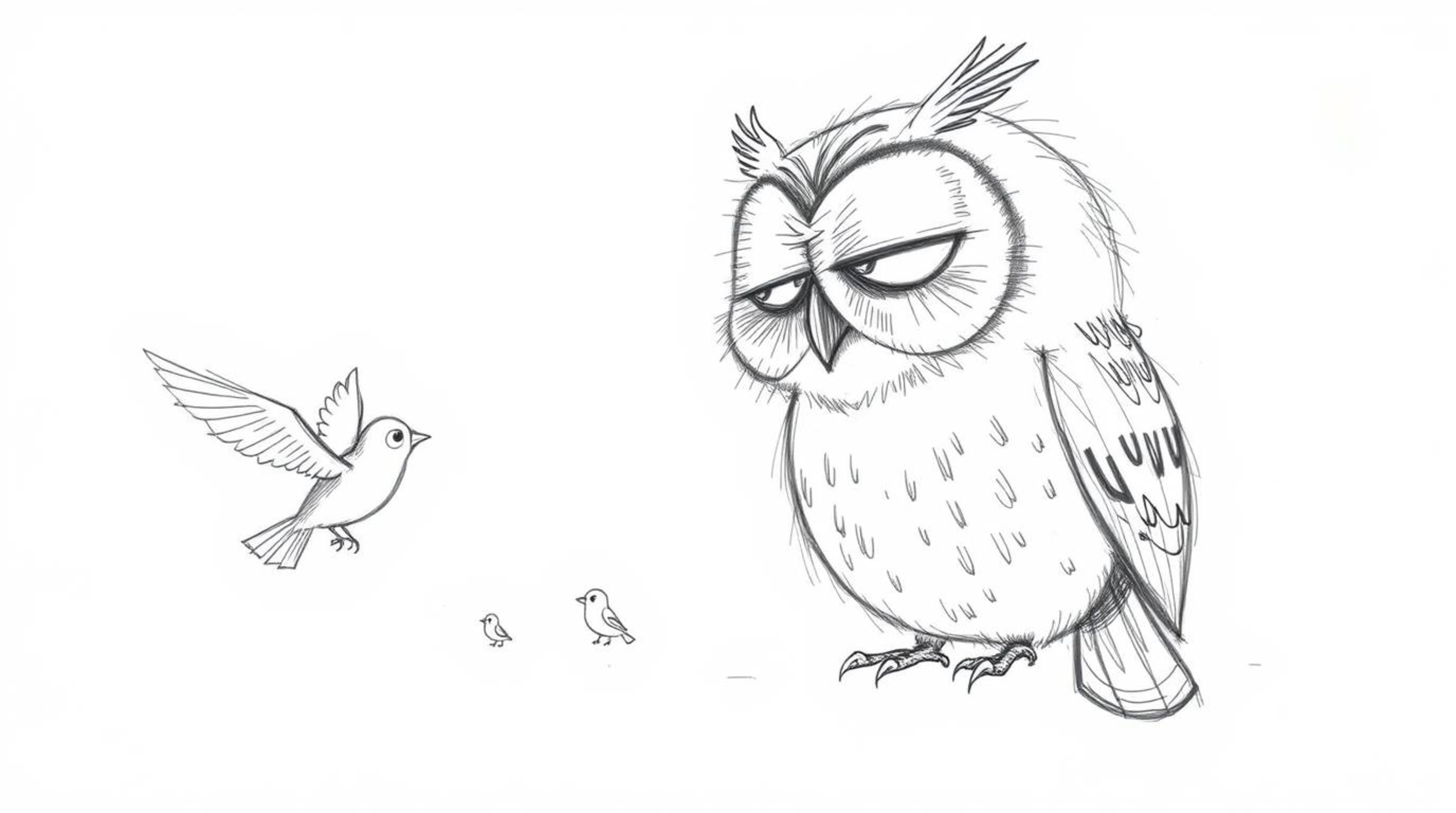 A heartwarming hand-drawn sketch in the style of Pixar animation depicts a blind owl with soft features gently guiding small,