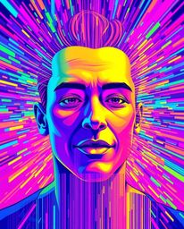 This brightly colored digital illustration captures the fascinating transformation of a human face into a vibrant data stream