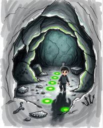A haunting hand-drawn sketch depicts an eerie scene where a child with piercing dark eyes follows glowing green footsteps lea