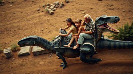 A captivating high-angle image showcases a prehistoric family enjoying a ride in a dinosaur-shaped car.  The photograph emula