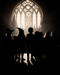 Discover captivating images of a magical school silhouetted against a bright light source.  Young wizards are depicted in dar